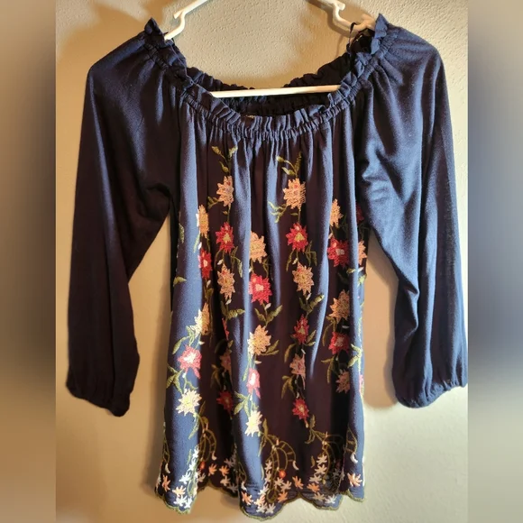 Lucky Brand Women's Embroidered Off The Shoulder 3/4 Sleeve Top Navy Size S NWT - Picture 4 of 7